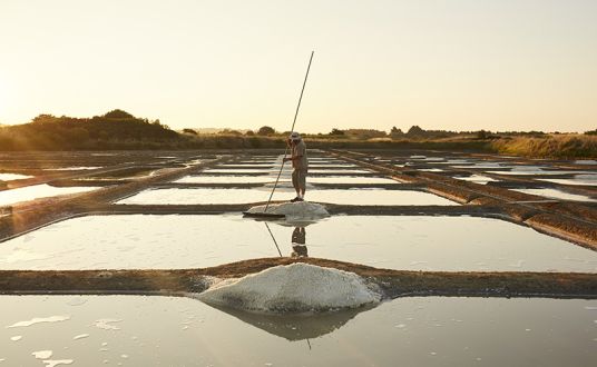 Photo d'un homme travaillant dans les marais salants de Guérande près de la Baule